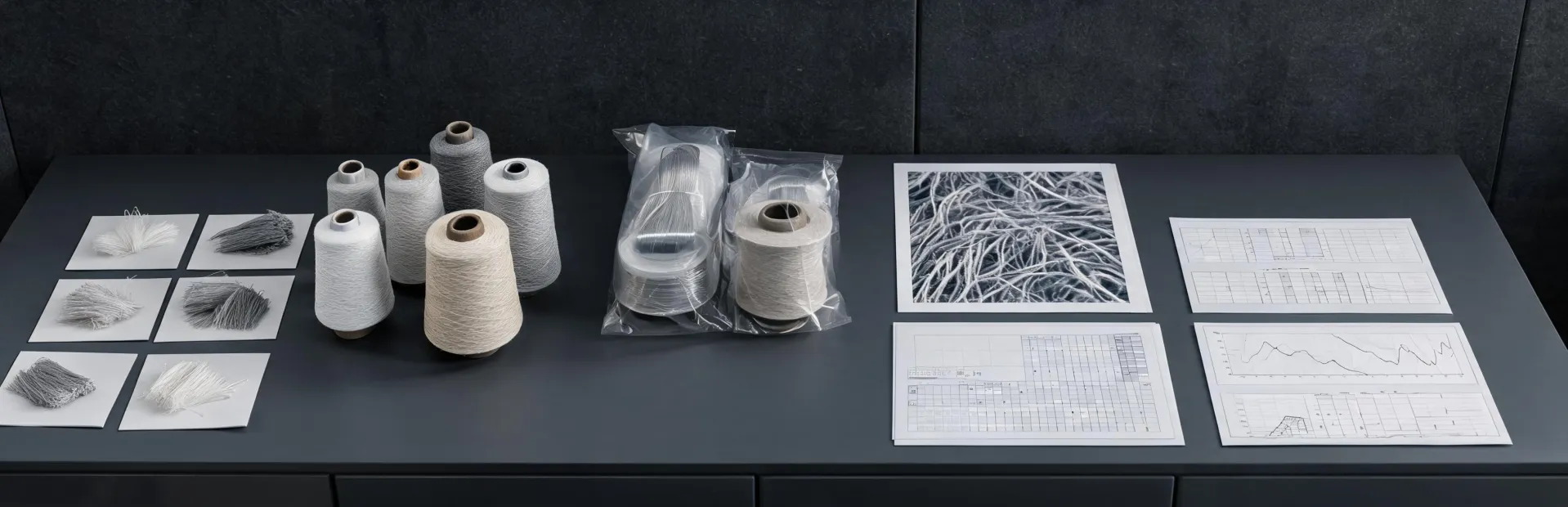 Fiber and yarn specification records beside laboratory samples